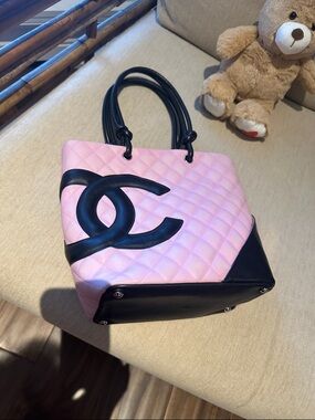 CHANEL Quilted Pink and Black Large Tote with CC Emblem